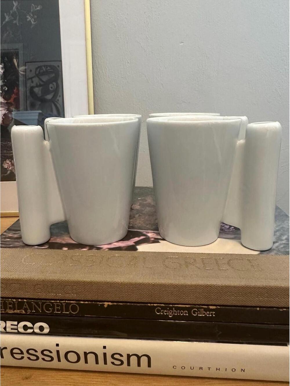 Four Vintage CB2 Sculptural White Mugs Postmodern Minimalist Coffee Cups